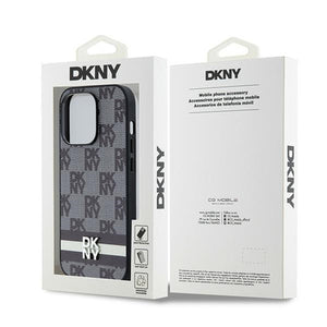 DKNY Leather Checkered Mono Pattern & Printed Stripes iPhone 14 Pro Case - Black