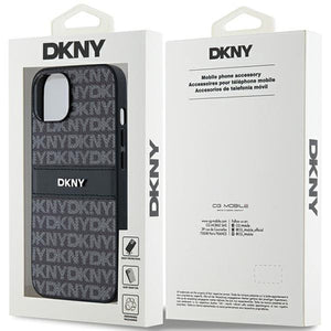 DKNY Leather Mono Stripe & Metal Logo Case for iPhone 15/14/13 - Black