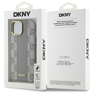 DKNY Leather Checkered Mono Pattern MagSafe iPhone 15 Plus Case - Beige