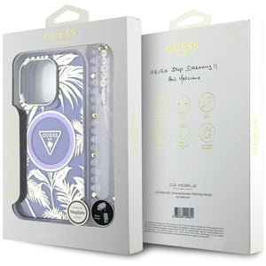 Guess Palm Trees Triangle Pearl Strap MagSafe Case for iPhone 16 Pro Max Purple