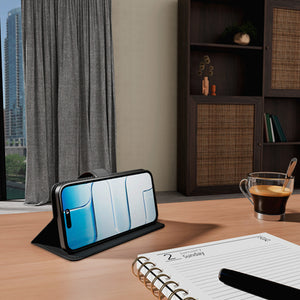 Puro Wallet Stand case for iPhone 17 made of eco-leather, with a flap, wallet and stand function - black