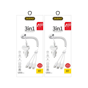 Dudao car kit charger 2x USB 2.4A + cable USB 3in1 Lightning / Type C / micro USB cable white (R7 white)