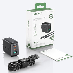 Acefast 2in1 wall charger 2x USB-C / USB-A 65W, PD, QC 3.0, AFC, FCP (set with USB-C 1.2m cable) black (A13 black)