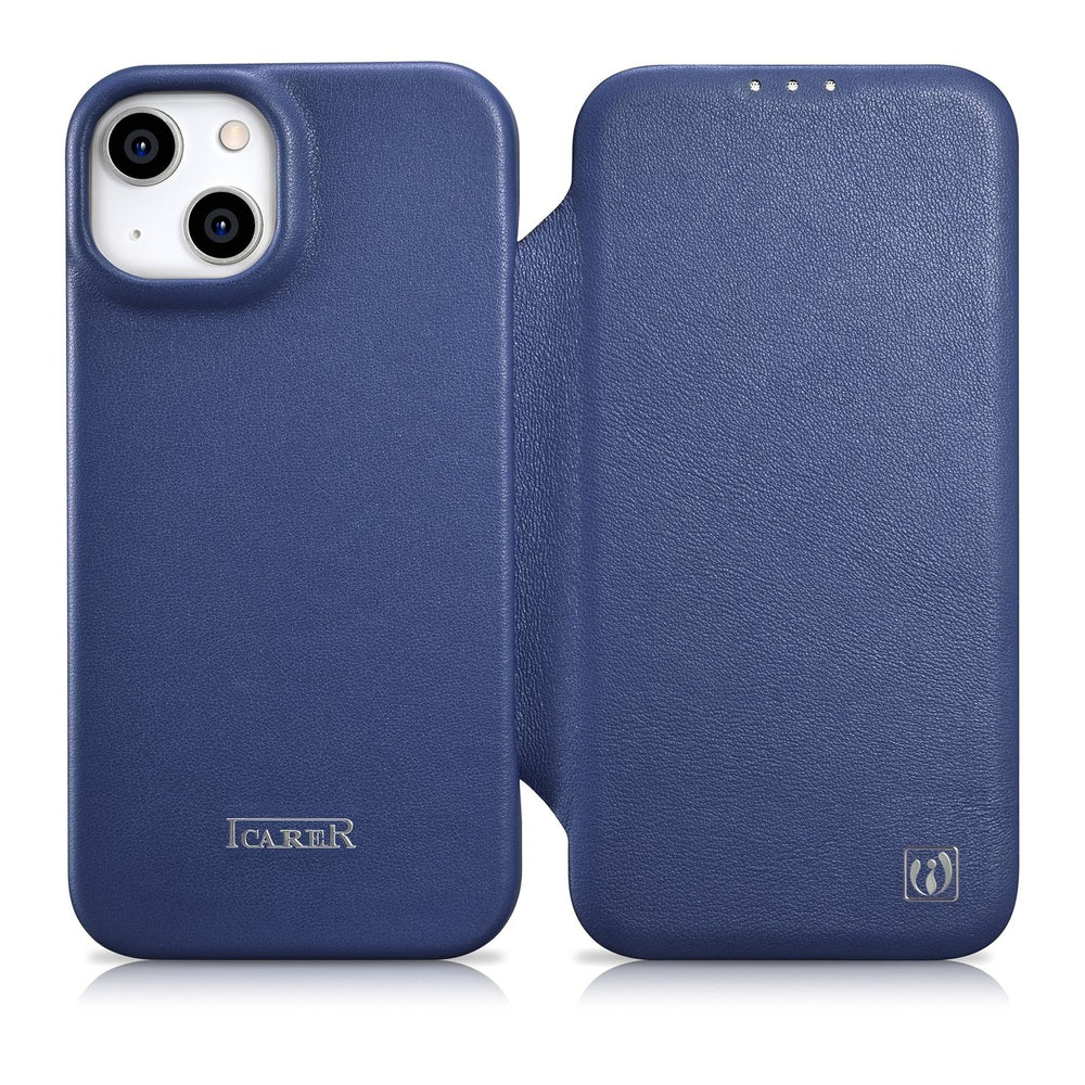 iCarer CE Premium Leather Folio Case iPhone 14 Plus Magnetic Flip Leather Folio Case MagSafe Blue (WMI14220715-BU)