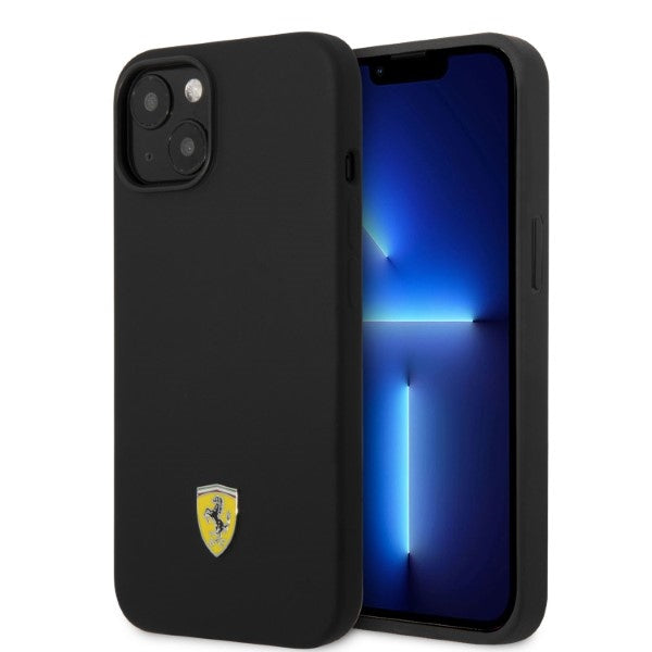 „Ferrari FEHMSIP14SBK iPhone 14 6.1“ juodas/juodas kietas silikoninis metalinis dėklas su „Magsafe“ logotipu 