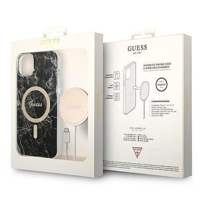 Set Guess GUBPP14SHMEACSK Case+ Charger iPhone 14 6.1" black/black hard case Marble MagSafe