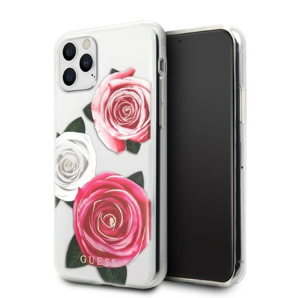 Guess GUHCN58ROSTRT iPhone 11 Pro skaidrus kietas dėklas Flower Desire Pink & White Rose 
