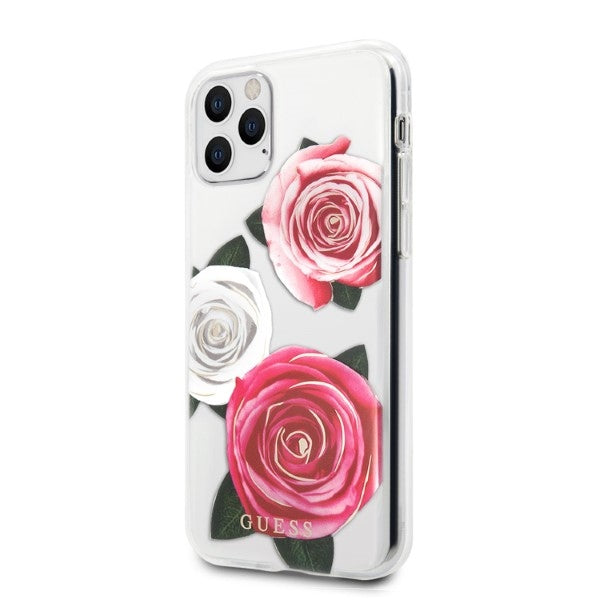 Guess GUHCN58ROSTRT iPhone 11 Pro skaidrus kietas dėklas Flower Desire Pink & White Rose 