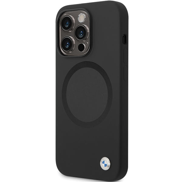BMW BMHMP14LSILBK2 dėklas, skirtas „iPhone 14 Pro“ – juodas, su „MagSafe“ skysto silikono korpusu