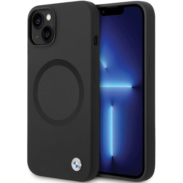 BMW BMHMP14SSILBK2 dėklas, skirtas iPhone 14, juodas, su „MagSafe“ skysto silikono korpusu