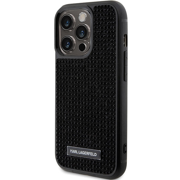 Karl Lagerfeld Rhinestone Logo Metal Plate case for iPhone 15 Pro - black