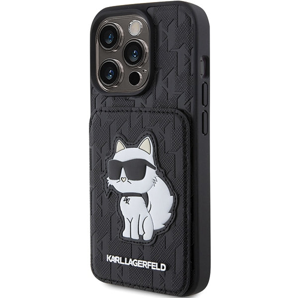Karl Lagerfeld Saffiano Cardslots and Stand Monogram Choupette Case for iPhone 15 Pro - Black
