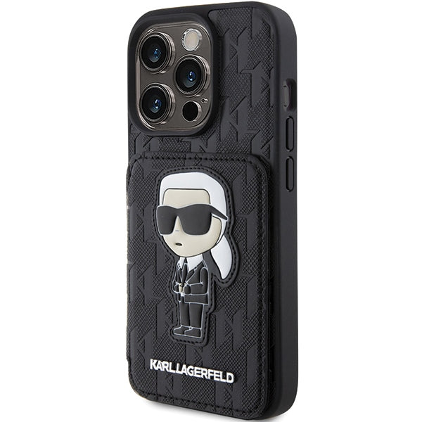 Karl Lagerfeld Saffiano Cardslots and Stand Monogram Ikonik Patch case for iPhone 15 Pro - black