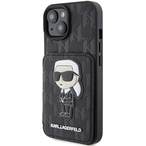 Karl Lagerfeld Saffiano Cardslots and Stand Monogram Ikonik Patch case for iPhone 15 - black