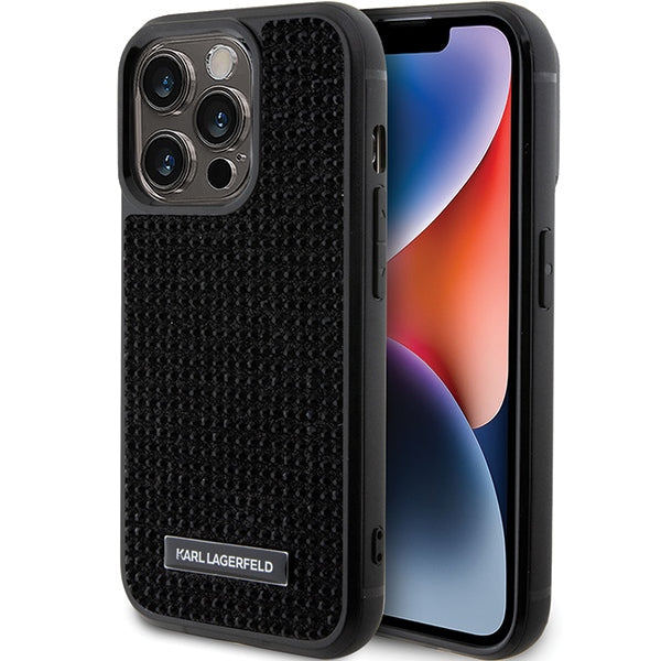 „Karl Lagerfeld“ „iPhone 15 Pro Max“ dėklas su „Rhinestone Logo Metal Plate“ – juodas