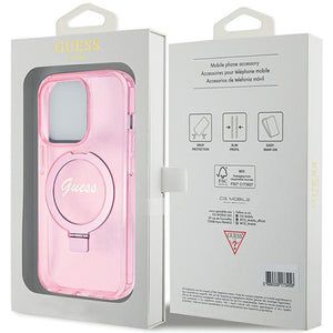 Guess Ring Stand Script Glitter MagSafe case for iPhone 15 Pro Max - pink