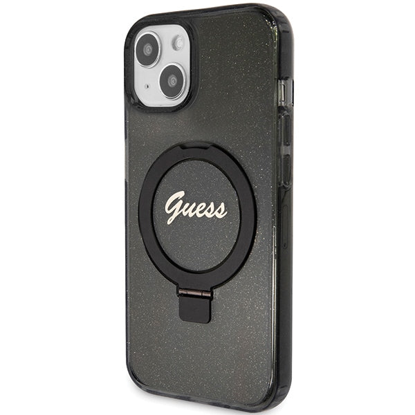 Guess Ring Stand Script Glitter MagSafe case for iPhone 13 / 14 / 15 - black