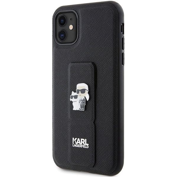 Karl Lagerfeld Gripstand Saffiano Karl&amp;Choupette Pins case for iPhone 11 / Xr - black