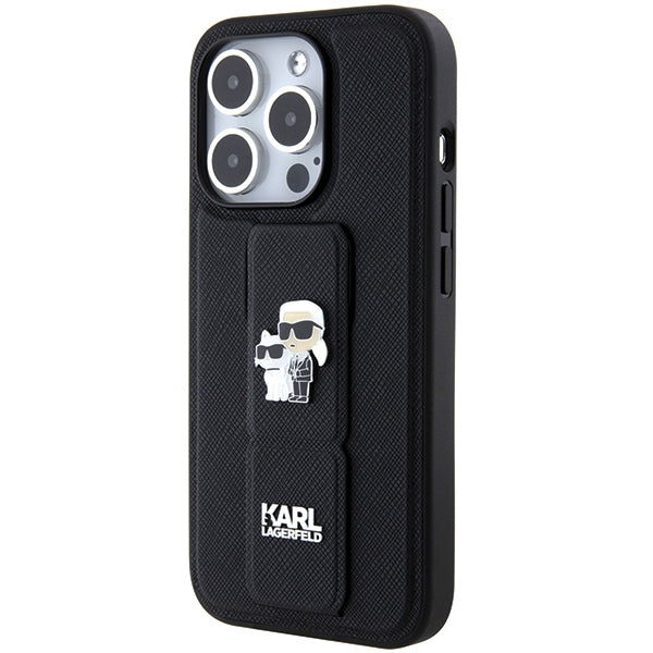 Karl Lagerfeld Gripstand Saffiano Karl&amp;Choupette Pins case for iPhone 14 Pro - black