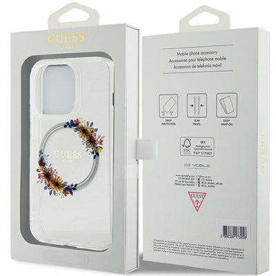 Guess IML Flowers Wreatch MagSafe case for iPhone 15 Pro - transparent