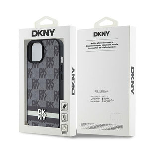 DKNY Leather Checkered Mono Pattern &amp; Printed Stripes Case for iPhone 15/14/13 - Black
