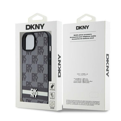 DKNY Leather Checkered Mono Pattern &amp; Printed Stripes Case for iPhone 15/14/13 - Black