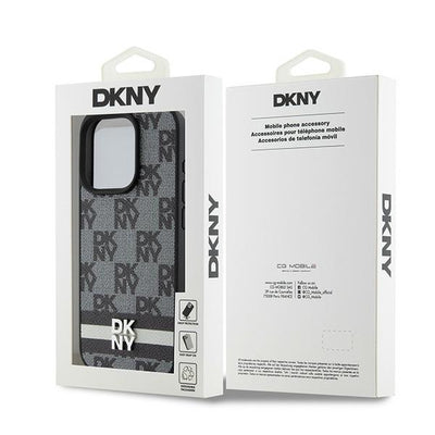 DKNY Leather Checkered Mono Pattern &amp; Printed Stripes iPhone 15 Pro Case - Black