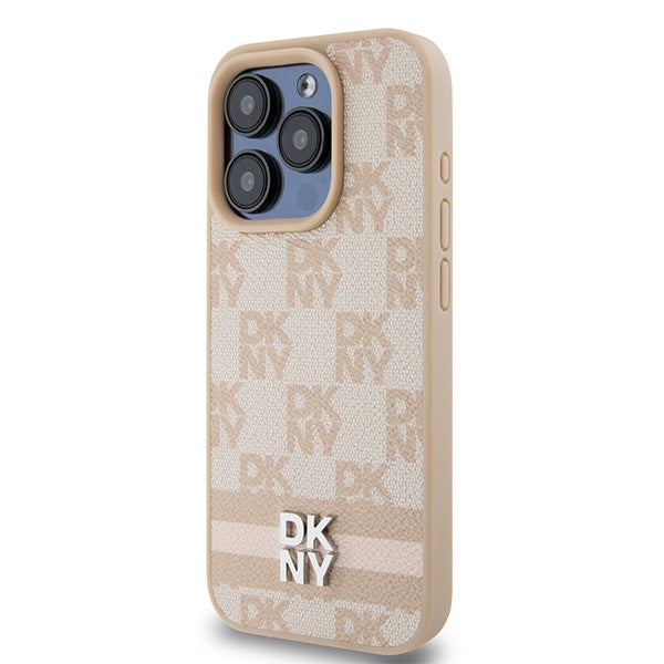 DKNY Leather Checkered Mono Pattern &amp; Printed Stripes case for iPhone 15 Pro - pink