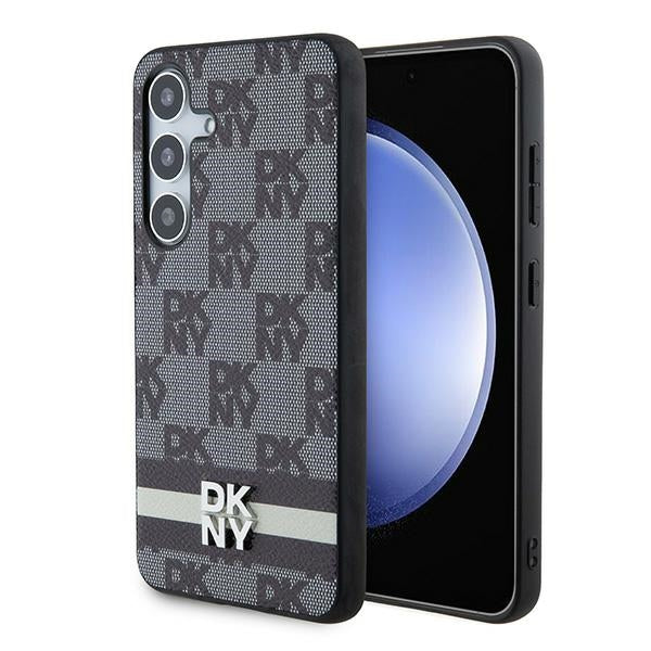 DKNY Leather Checkered Mono Pattern &amp; Printed Stripes Case for Samsung Galaxy S24 - Black
