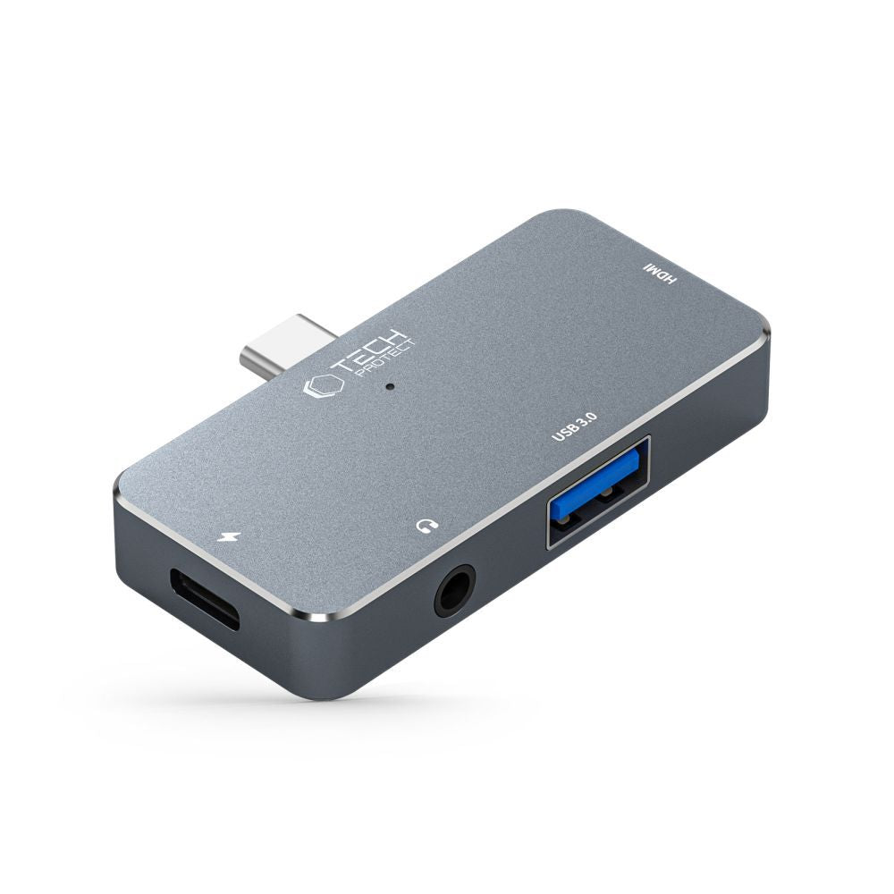 HUB Tech-Protect V6 4in1 USB-C - USB-A 3.0 / USB-C PD100W / HDMI / mini jack 3.5mm - gray