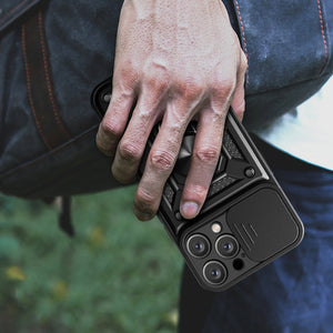 Hybrid Armor Camshield iPhone 16 Pro Case with Camera Cover and Stand - Black