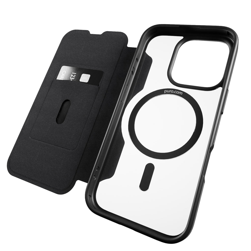 Puro Book Mag MagSafe Leather Case with Flap and Card Slot for iPhone 16 Pro Max - Black