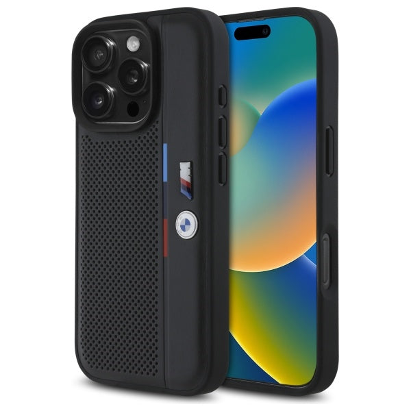 BMW M perforuotas trispalvis iPhone 16 Pro Max dėklas – juodas