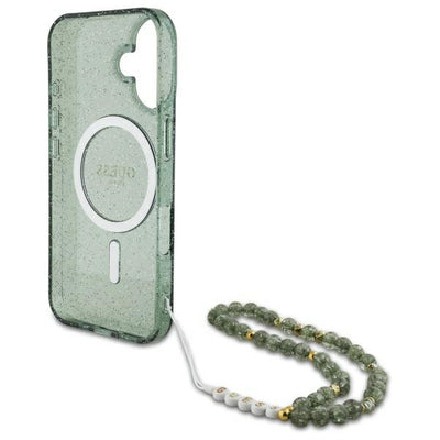 Guess IML Glitter With Pearl Strap MagSafe case for iPhone 16 Plus - green