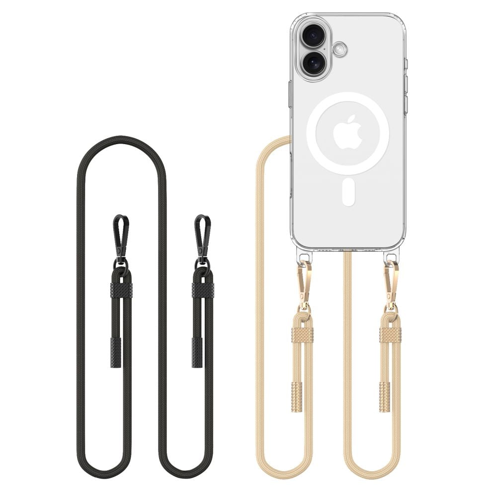 „Tech-Protect FlexAir Chain MagSafe iPhone 16“ dėklas – skaidrus + 2 dirželiai (juodas ir pilkšvai rudas)