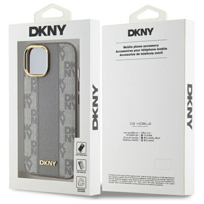 DKNY Leather Checkered Mono Pattern MagSafe iPhone 15 Plus Case - Beige