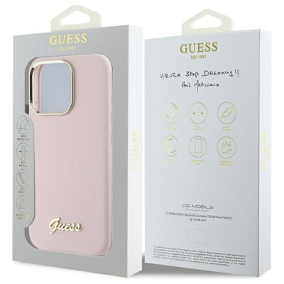 Guess Silicone Script Metal Logo &amp; Frame iPhone 16 Pro Max Case - Pink