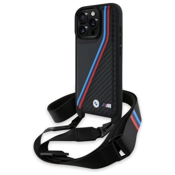 BMW M Edition Carbon Tricolor Lines &amp; Strap Case for iPhone 16 Pro - Black