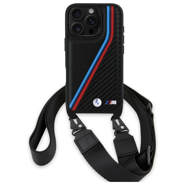BMW M Edition Carbon Tricolor Lines &amp; Strap Case for iPhone 16 Pro - Black