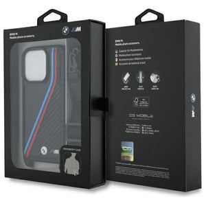 BMW M Edition Carbon Tricolor Lines &amp; Strap Case for iPhone 16 Pro - Black