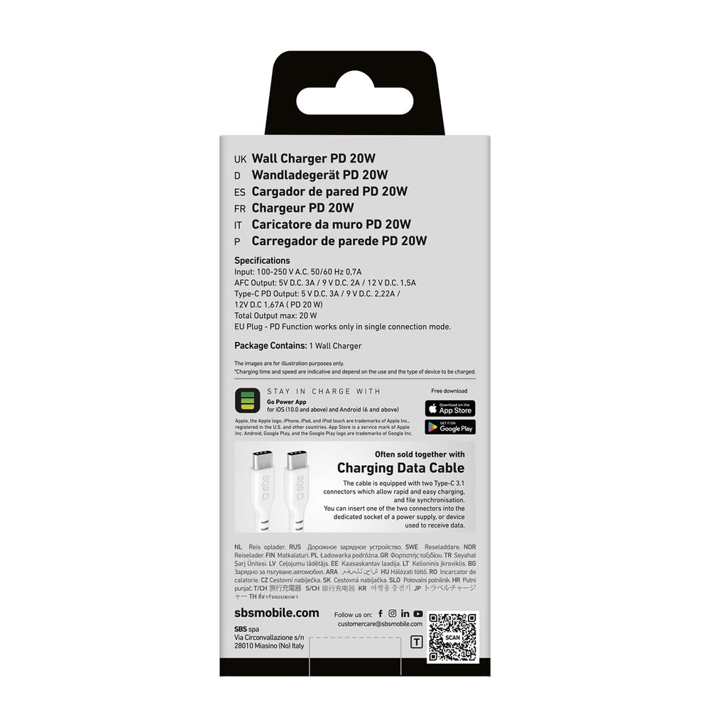 SBS TETRPD20W 20W USB-A USB-C Wall Charger with Power Delivery - White