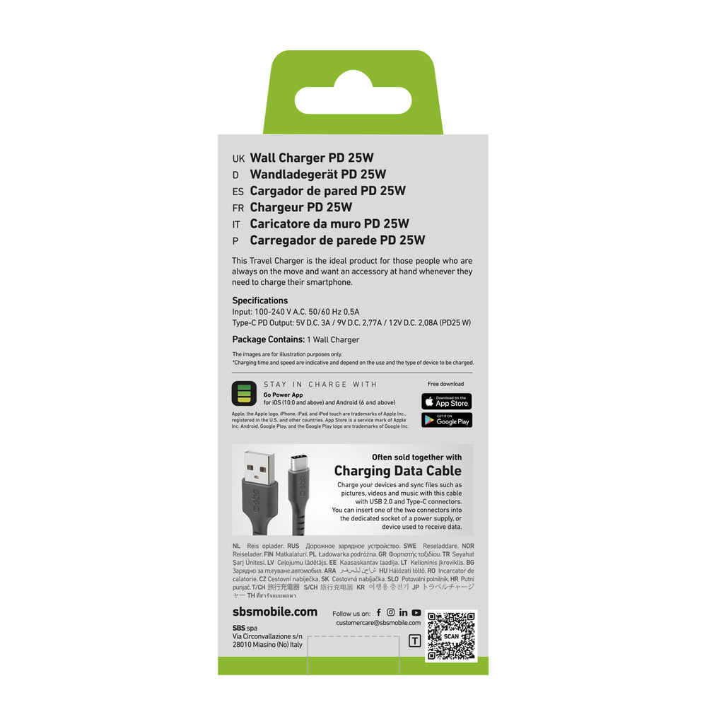 SBS TETR1CPD25 25W USB-C Wall Charger with Power Delivery - Black