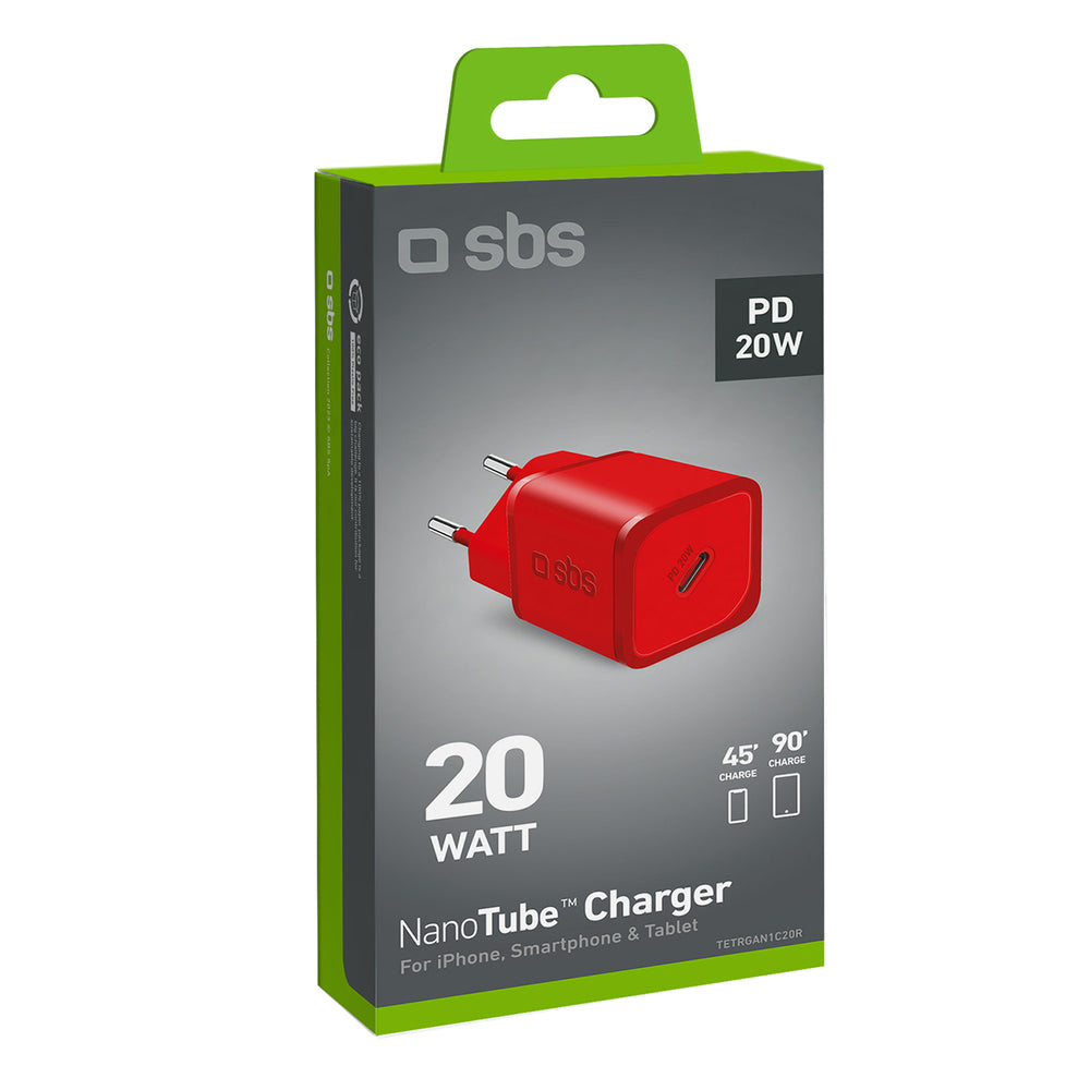 SBS TETRGAN1C20R 20W GaN Wall Charger with Power Delivery - Red