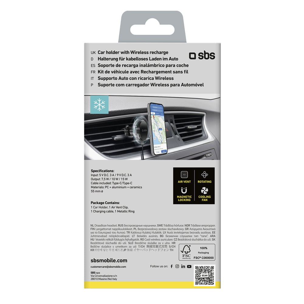 Smartphone holder with inductive charger SBS TESUPFANWIR15W 15W for air vent, with cooling - black