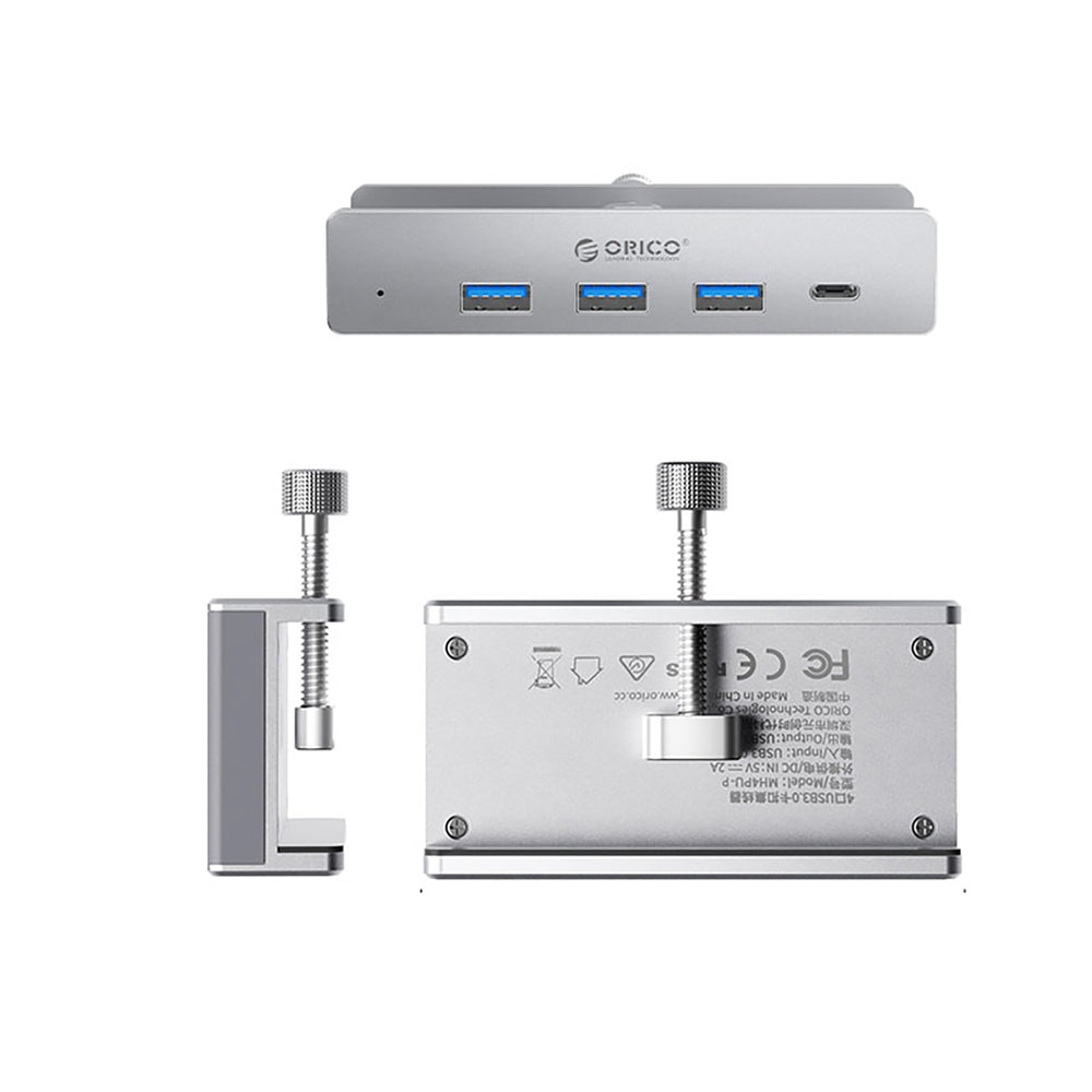 „Orico MH4PC“ šakotuvas, montuojamas prie spaustuko, USB-C / 3x USB-A 3.0 + 1x USB-C 3.0 - sidabrinis