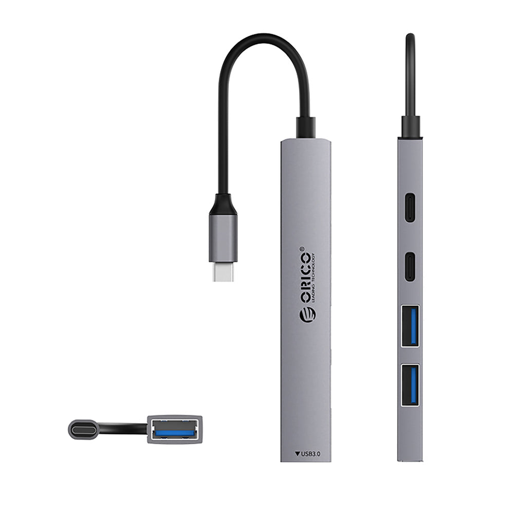 „Orico YSB4-U2“ USB-A/USB-C šakotuvo prijungimo stotelė, 2x USB-A 2.0 + 1x USB-A 3.0 + 1x USB-C 2.0 + 1x USB-C – pilka