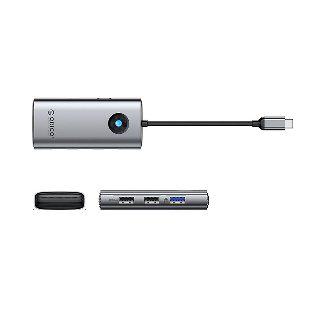 „Orico PW11-5P“ USB-C šakotuvo prijungimo stotelė, 1x USB-A 3.0 + 2x USB-A 2.0 + 1x USB-C PD + 1x HDMI – pilka