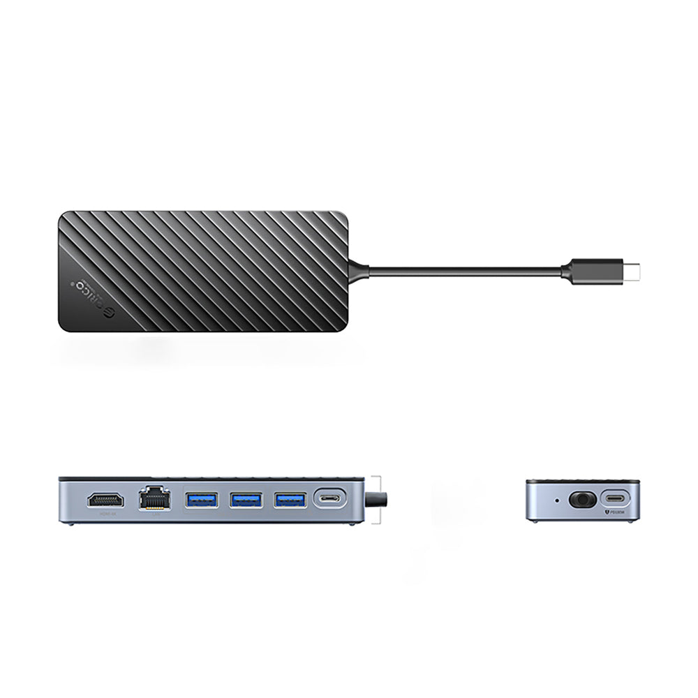 „Orico OM28PR-G2“ USB-C prijungimo stotelė su M.2 disko lizdu + 1 x USB-A 3.2 + 1 x USB-C 3.2 + 2 x USB-A 2.0 + 1 x HDMI + 1 x Ethernet – juoda