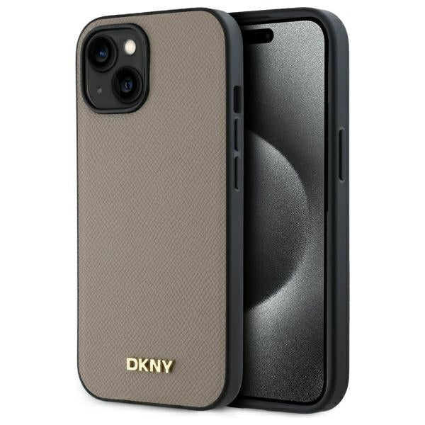 DKNY Grained Metal Logo MagSafe iPhone 15 Case - Beige