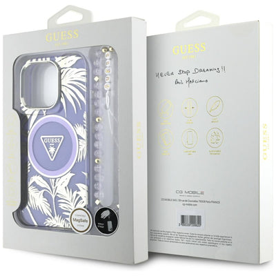 Guess Palm Trees Triangle Pearl Strap MagSafe Case for iPhone 16 Pro Purple
